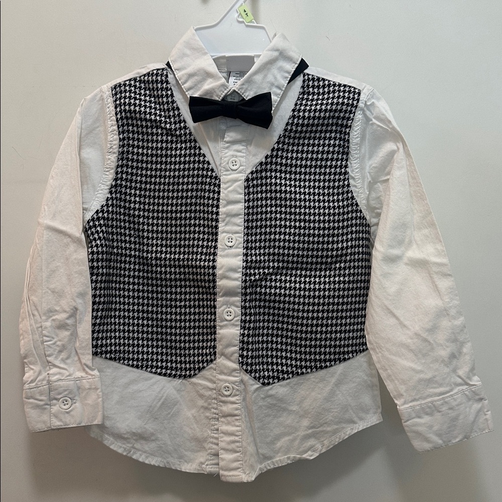 Harajuku Mini White Shirt w/ Black Houndstooth Built In Vest & Velcro On Bow Tie